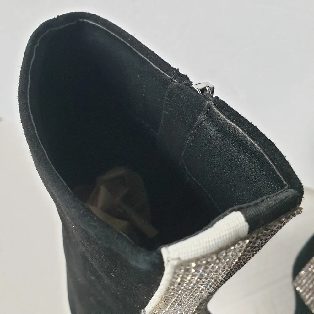 Steve Madden Wagu Black Suede Mid Calf Stiletto Booties w/ Rhinestone Back 7.5 - Picture 13 of 17